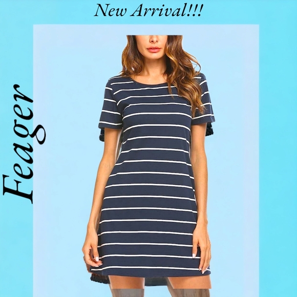 NWT!! 💖FEAGER 💖 POPULAR NAVY BLUE STRIPED CRISS-CROSS T-SHIRT DRESS 🔥 - Picture 8 of 12